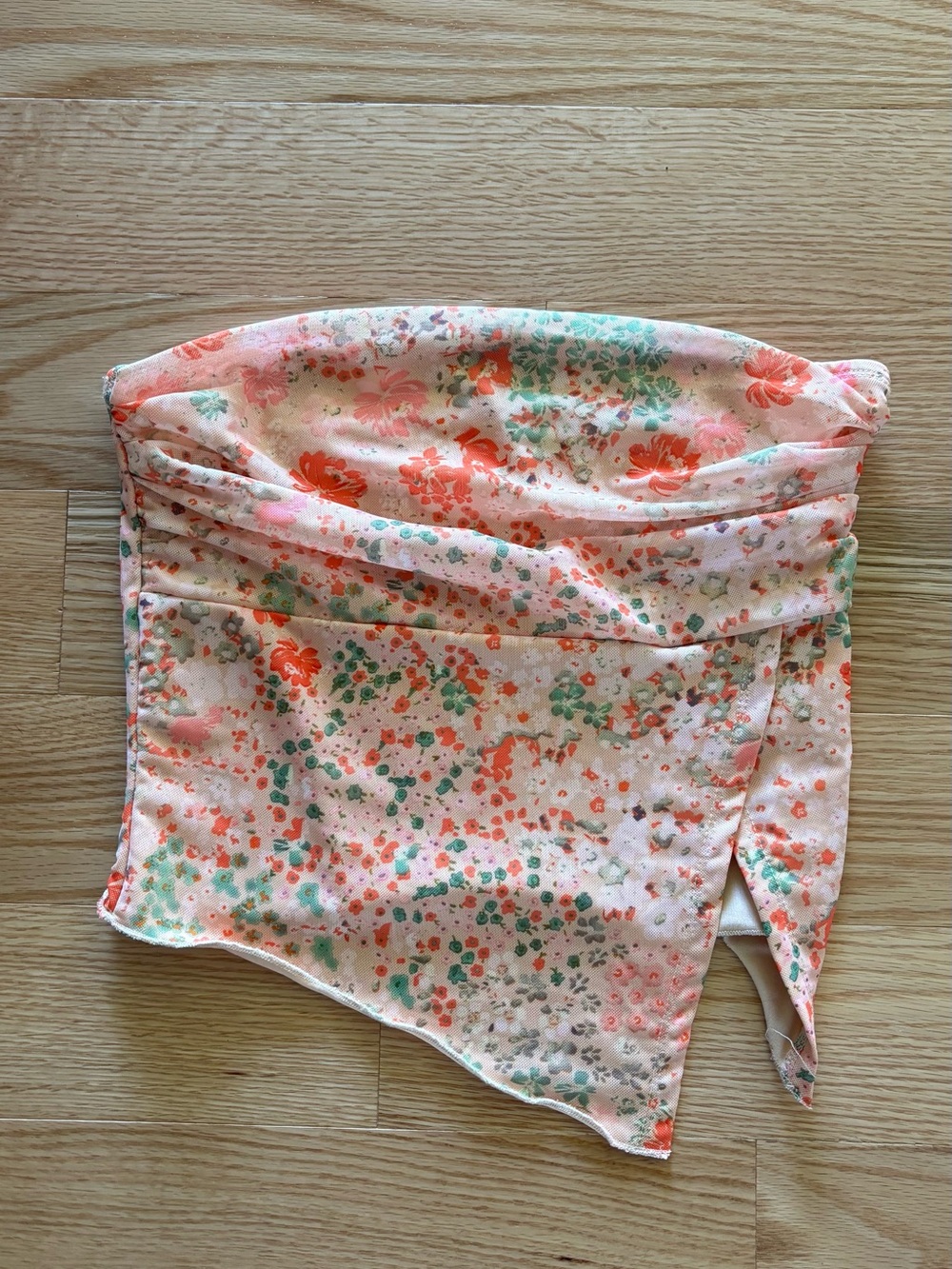 Floral Strapless Asymmetric Top in Coral & Mint